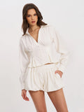 Sylvia White Pinstripe Deep V Pleated Shirt