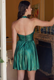METALLIC HALTER NECKLINE ACCORDION PLEAT SHORT DRESS