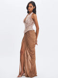 Nancie Apricot Beaded Halter Peplum Ruched Maxi Dress