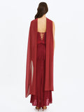 Giselle Crimson Peplum Mermaid Gown with Chiffon Scarf