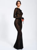 WAYLYNN BLACK VELVET DETAIL MESH BACKLESS MAXI DRESS