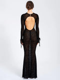 WAYLYNN BLACK VELVET DETAIL MESH BACKLESS MAXI DRESS