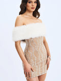 Averie White Fur Off-Shoulder Beige Sequin Mini Dress