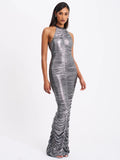 RUCHED SILVER GLITTER BACKLESS GOWN