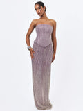 Tosca Beaded Purple Gradient Strapless Peplum Maxi Dress