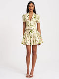 Zanelle Green FLoral Print Drop Waist Linen Full Skirt