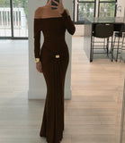 OFF SHOULDER LONG SLEEVE STRETCHY MAXI DRESS
