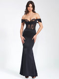 CALLISTA BLACK SATIN LACE CORSET MAXI DRESS