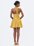 Xavia Gold Crystal Organza Plunging Halter Mini Dress