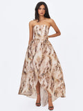 Micaela Camel Watercolor Jacquard Chiffon Dipped Hem Gown