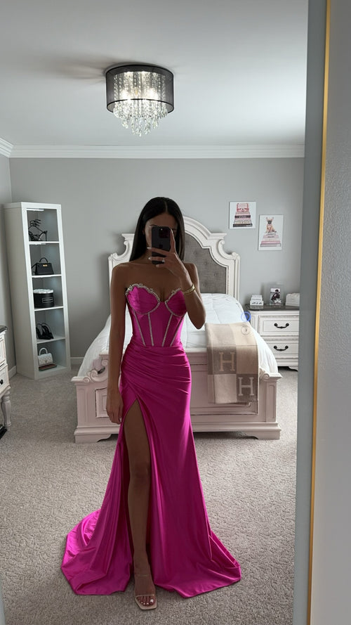 pink satin dress with rhinestones Satin Long Sleeves Mermaid Prom Dress with Rhinestones