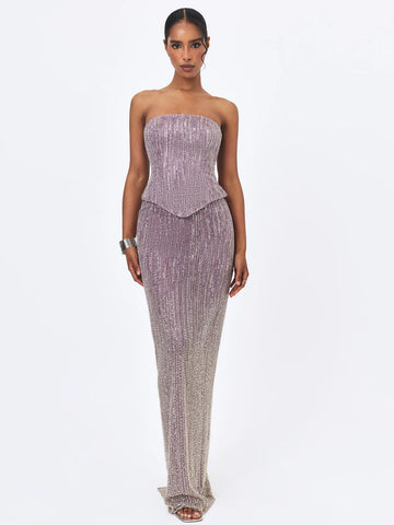 Tosca Beaded Purple Gradient Strapless Peplum Maxi Dress
