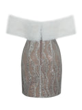 Averie White Fur Off-Shoulder Beige Sequin Mini Dress