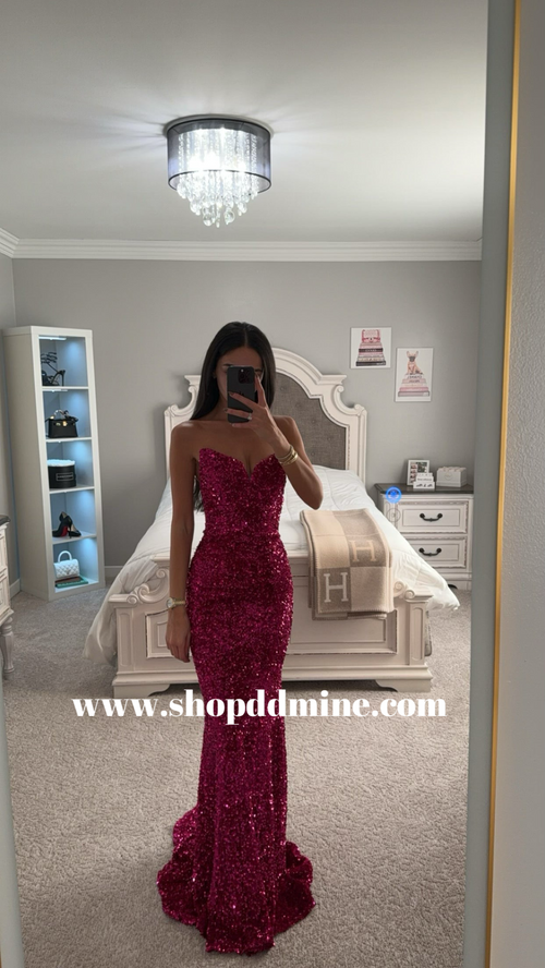 long sleeve hot pink prom dress Puff Sleeves Hot Pink Mermaid Long Prom Dress with Slit, Long Evening –  MyGirlProm.com main image 0