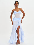 Lacy Blue Ruched Breast High Slit Chiffon Dress