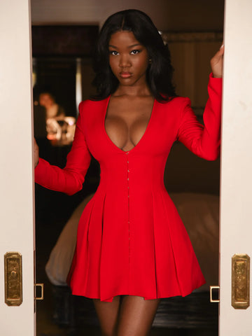 RED BLAZER PLEATED BUTTON UP LONG SLEEVE MINI DRESS
