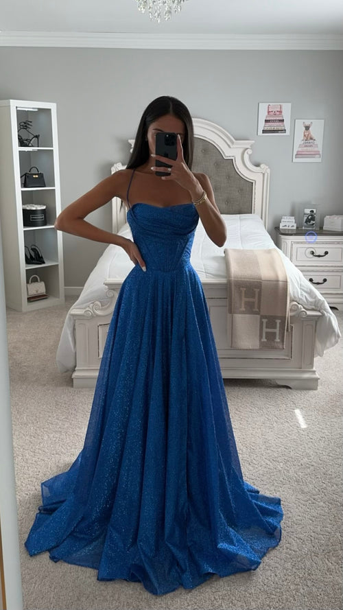 slim fit dress slacks Royal Blue Halter Keyhole Glitter Lace Ruffle Tiered Prom Gown with Side  Slit main image 0