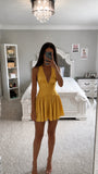Xavia Gold Crystal Organza Plunging Halter Mini Dress