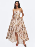 Micaela Camel Watercolor Jacquard Chiffon Dipped Hem Gown