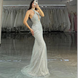 FITTED HALTER BEADED GOWN