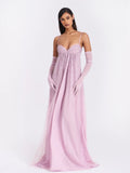 Wallie Pink Rhinestone Embellished Mesh Gown