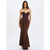 Giovana Espresso Sweetheart Draped Mesh Maxi Dress