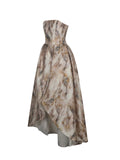 Micaela Camel Watercolor Jacquard Chiffon Dipped Hem Gown
