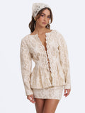 Wenley Beige Cotton Lace Puff Sleeve Cinched Top