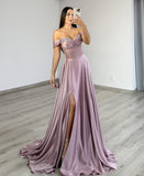 STRAPLESS BEADED SATIN A LINE GOWN