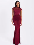 Burgundy mesh cap sleeve mermaid gown