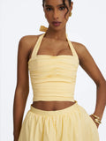 Wilsie Lemon Yellow Cotton Poplin Ruched Halter Top
