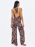 Ashlyn Burgundy & Beige Abstract Zebra Print Belted Halter Jumpsuit