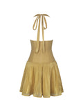 Xavia Gold Crystal Organza Plunging Halter Mini Dress