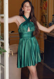METALLIC HALTER NECKLINE ACCORDION PLEAT SHORT DRESS