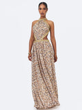 Quinnlyn Beige Cheetah Print Chiffon Halter Maxi Dress