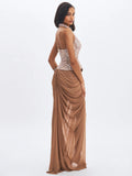Nancie Apricot Beaded Halter Peplum Ruched Maxi Dress
