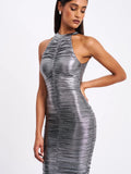 RUCHED SILVER GLITTER BACKLESS GOWN