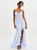 Lacy Blue Ruched Breast High Slit Chiffon Dress