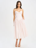 Zania Pink Stripe Ruched Breast Cotton Midi Dress