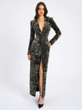 WILLOW GREEN GLOSSY VELVET HIGH SLIT BLAZER GOWN