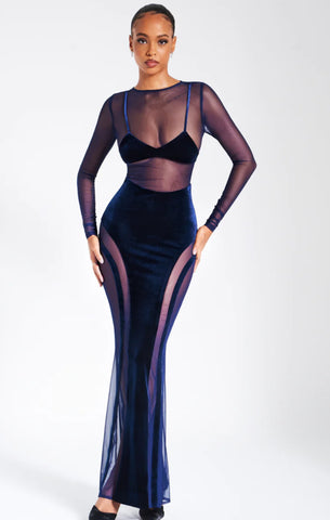 ROBE LONGUE EN VELOURS BLEU MARINE SHANNON