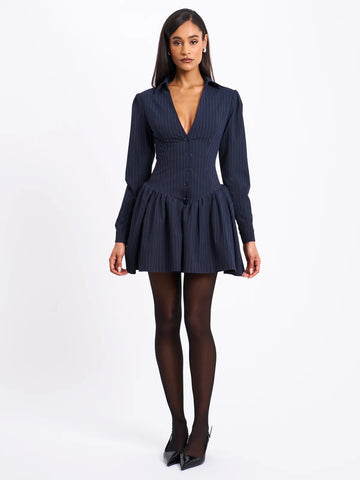 Xabrina Navy Blue Pinstripe Long Sleeve Dress