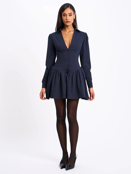 Xabrina Navy Blue Pinstripe Long Sleeve Dress Large
