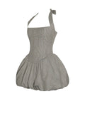 DACIA PLAID HALTER LACE UP BUBBLE HEM MINI DRESS