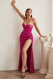 FUCHSIA GLITTERY CORSET LACE BACK SLIT GOWN