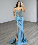 STRAPLESS BEADED BODICE AND SATIN SKIRT FITTED GOWN