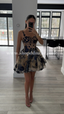 SHORT SEQUIN FLORAL PRINT A LINE MINI DRESS