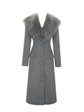 Faye Grey Wool Blend Single-Breasted Coat with Removable Faux Fur Collar