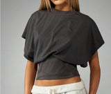 SHORT SLEEVE CREW NECK CINCHED WAIST TOP