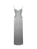 Olisa Silver Beaded Peplum Tassel Maxi Dress